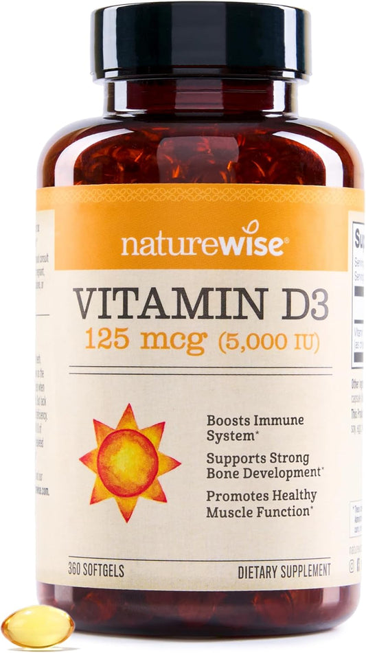 NatureWise Vitamin D3 5000iu (125 mcg) 1 Year Supply for Immune Support, Healthy Muscle Function, and Bone Health - Non-GMO, Gluten Free in Organic Extra Virgin Olive Oil, (Mini Softgel), 360 Count