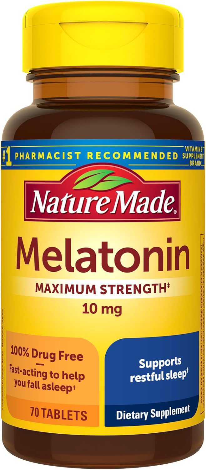 Nature Made Melatonin 10mg Maximum Strength Tablets, 100% Drug Free Sleep Aid for Adults, 70 Count, 70 Day Supply