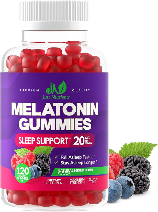 Melatonin 20mg Gummies for Adults (120 Count) - Maximum Strength Sleep Aid with 10mg of Melatonin Per Gummy - Gluten-Free, Non-GMO, Vegetarian, Great Tasting Mixed Berry Flavor - 60 Servings