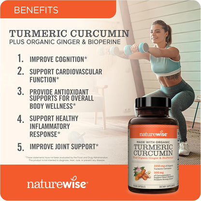 NatureWise Curcumin Turmeric 2250mg - 95% Curcuminoids & BioPerine Black Pepper Extract for Advanced Absorption - Daily Joint and Immune Health Support - Vegan, Non-GMO, 90 Count[30-Day Supply]