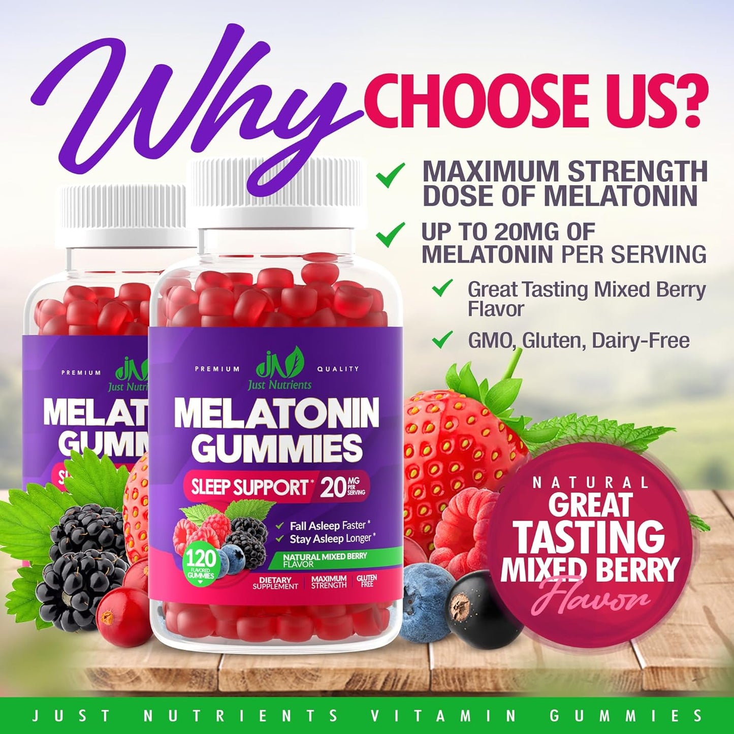 Melatonin 20mg Gummies for Adults (120 Count) - Maximum Strength Sleep Aid with 10mg of Melatonin Per Gummy - Gluten-Free, Non-GMO, Vegetarian, Great Tasting Mixed Berry Flavor - 60 Servings