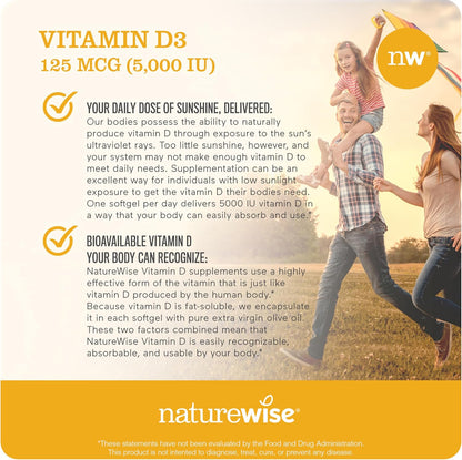 NatureWise Vitamin D3 5000iu (125 mcg) 1 Year Supply for Immune Support, Healthy Muscle Function, and Bone Health - Non-GMO, Gluten Free in Organic Extra Virgin Olive Oil, (Mini Softgel), 360 Count