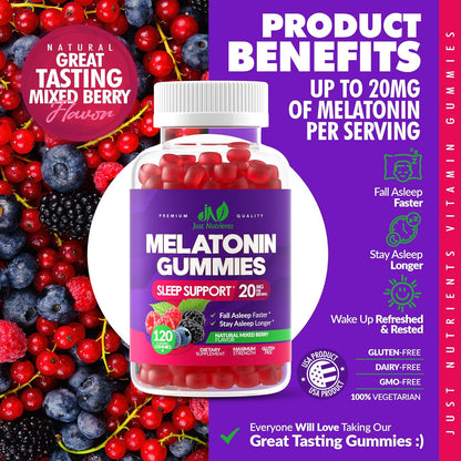 Melatonin 20mg Gummies for Adults (120 Count) - Maximum Strength Sleep Aid with 10mg of Melatonin Per Gummy - Gluten-Free, Non-GMO, Vegetarian, Great Tasting Mixed Berry Flavor - 60 Servings