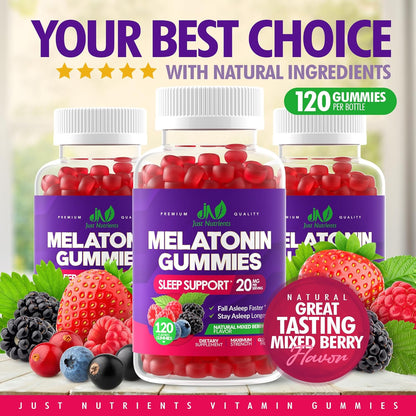 Melatonin 20mg Gummies for Adults (120 Count) - Maximum Strength Sleep Aid with 10mg of Melatonin Per Gummy - Gluten-Free, Non-GMO, Vegetarian, Great Tasting Mixed Berry Flavor - 60 Servings