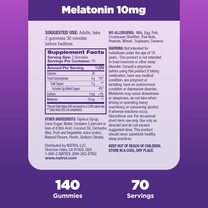 Natrol Melatonin Gummies, Sleep Support for Adults, 10 mg Melatonin Supplement for Sleeping, 140 Strawberry-Flavored Gummies, Up to a 70 Day Supply