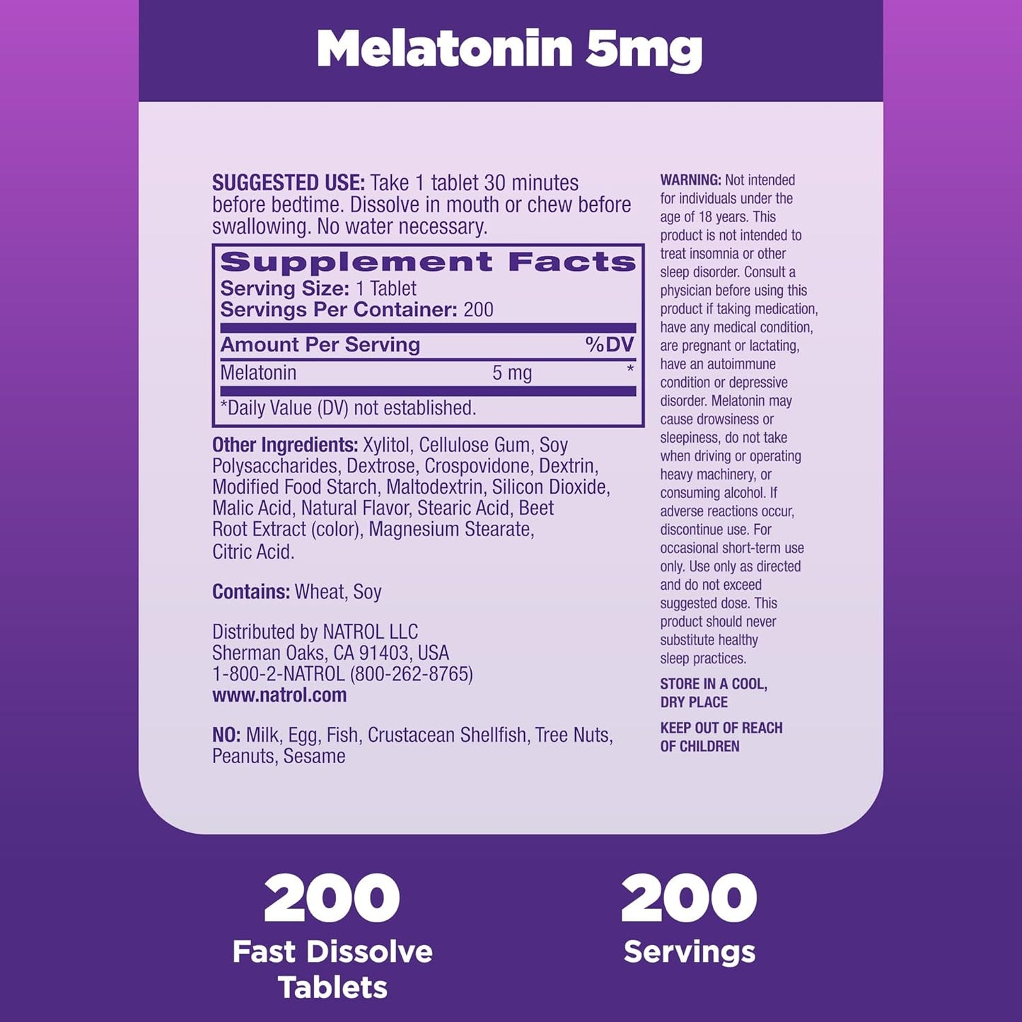 Natrol Fast Dissolve Melatonin 5 mg, Melatonin Supplements for Restful Sleep, Sleep Support for Adults, 200 Strawberry-Flavored Tablets, Up to a 200 Day Supply