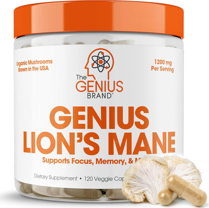 Genius Lion’s Mane Supplement Capsules – Organic Full Spectrum Mushrooms for Cognition, Focus & Memory – 1,200mg Per Serving, 120 Count (60 Servings) – Grown in The USA