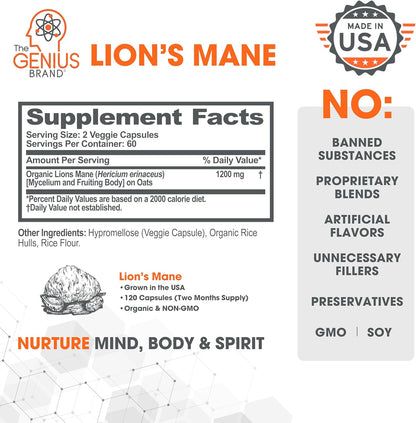 Genius Lion’s Mane Supplement Capsules – Organic Full Spectrum Mushrooms for Cognition, Focus & Memory – 1,200mg Per Serving, 120 Count (60 Servings) – Grown in The USA